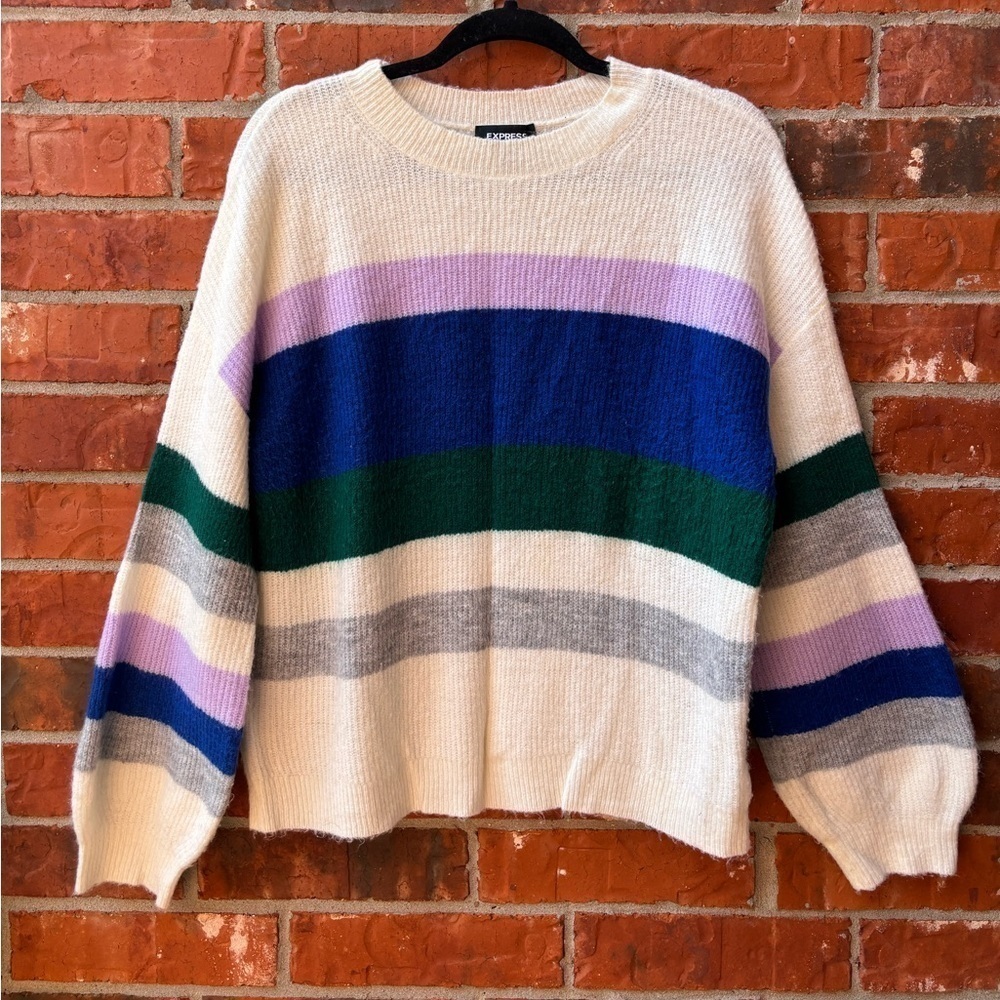 Express Womens Medium White Blue Colorblock Stripe Balloon Sleeve Sweater